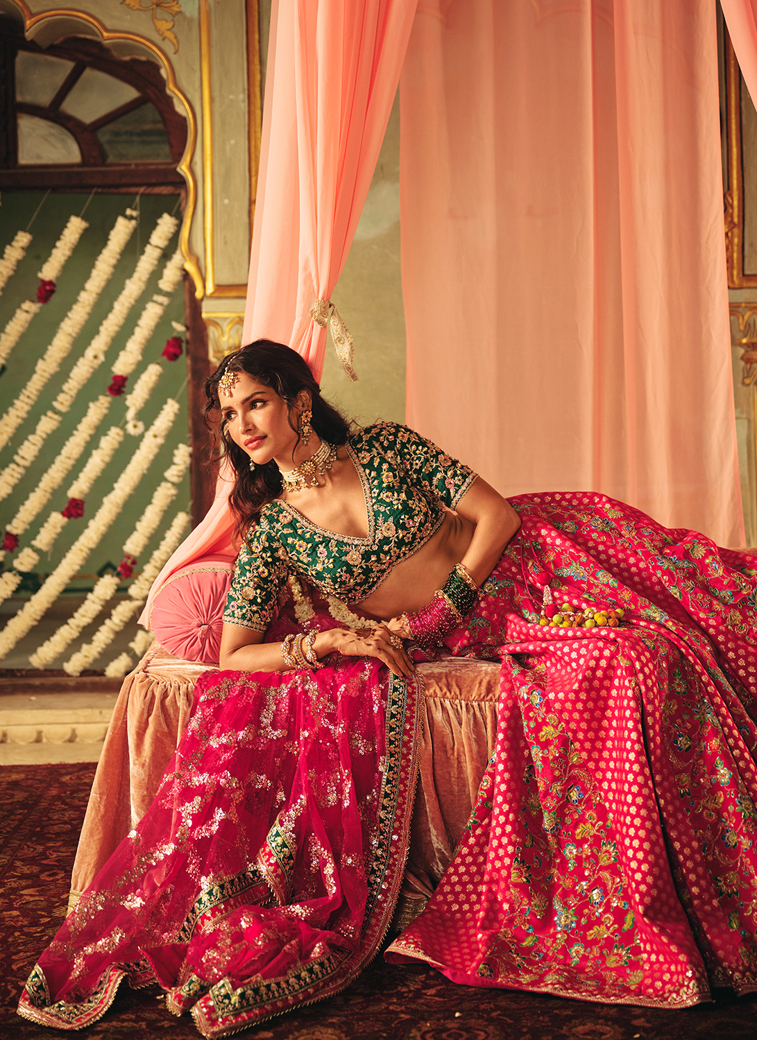 Pink and Green Embroidered Silk Lehenga