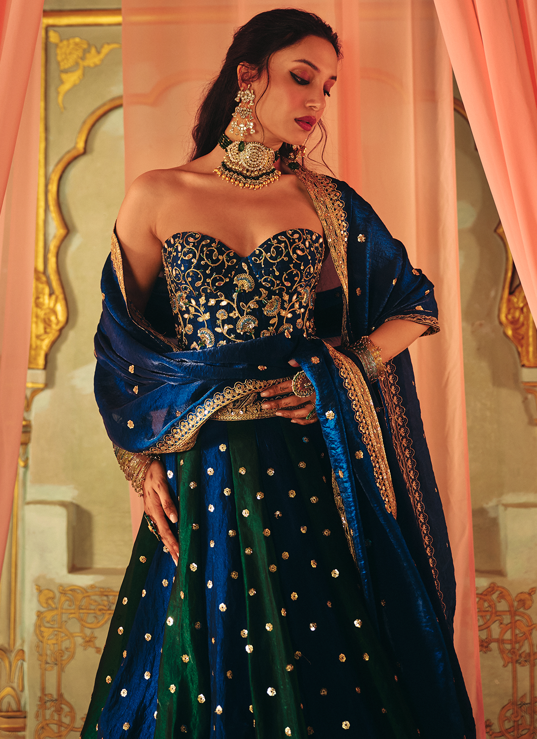 Green and Blue Embroidered Corset Style Lehenga