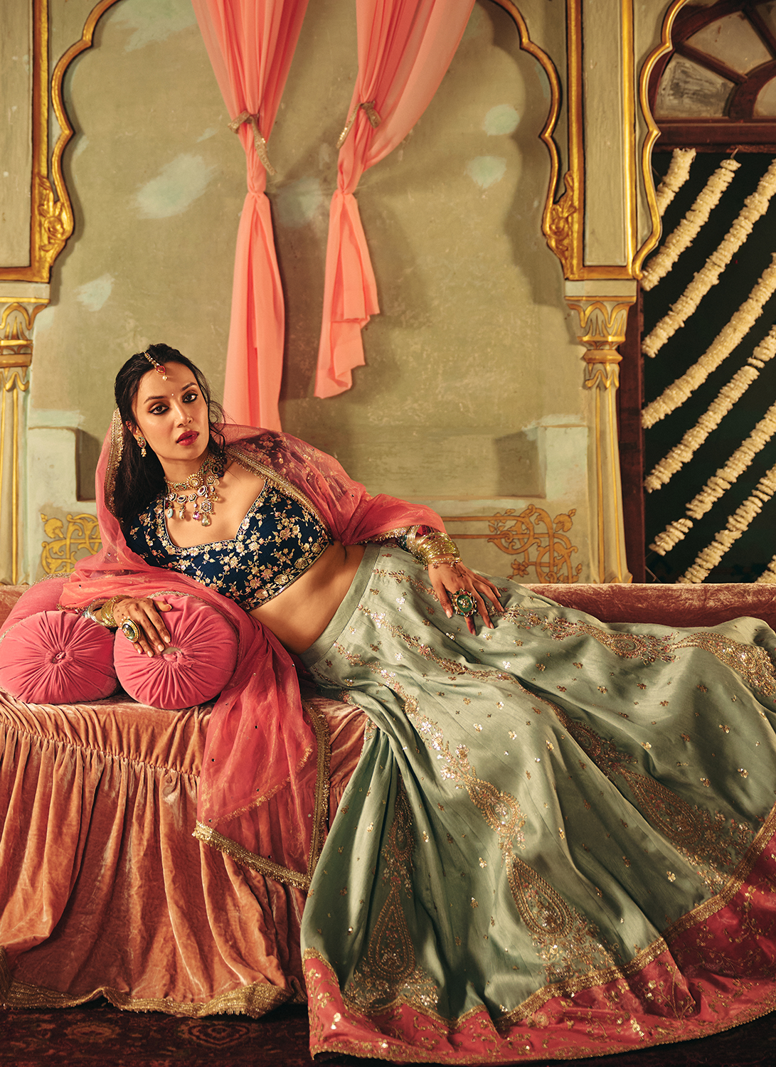 Mint Blue Multicolor Embroidered Silk Lehenga