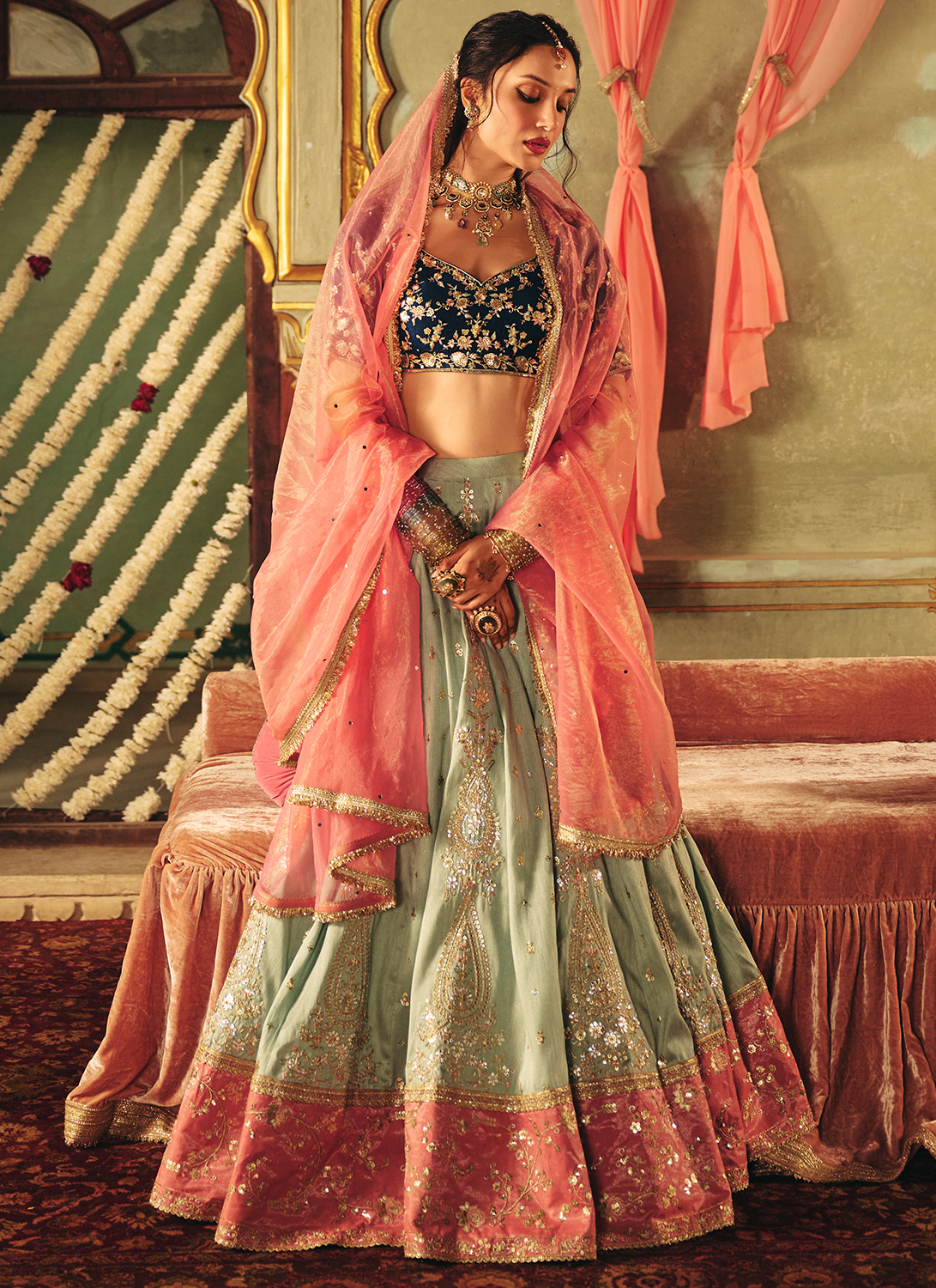 Mint Blue Multicolor Embroidered Silk Lehenga