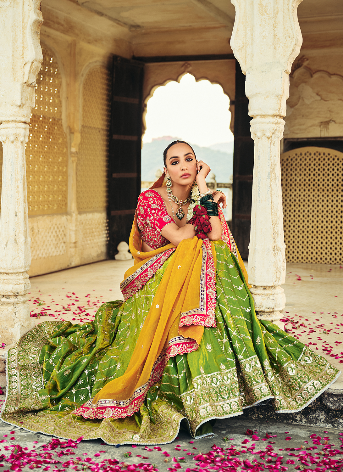 Pink and Green Embroidered Tissue Lehenga