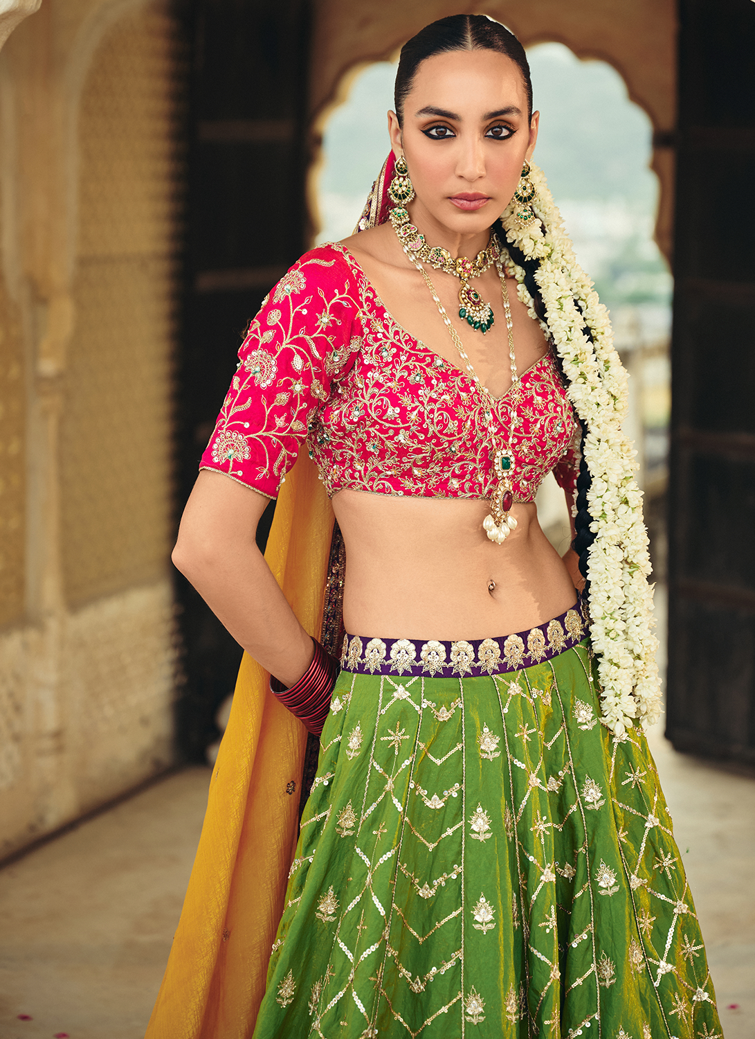 Pink and Green Embroidered Tissue Lehenga