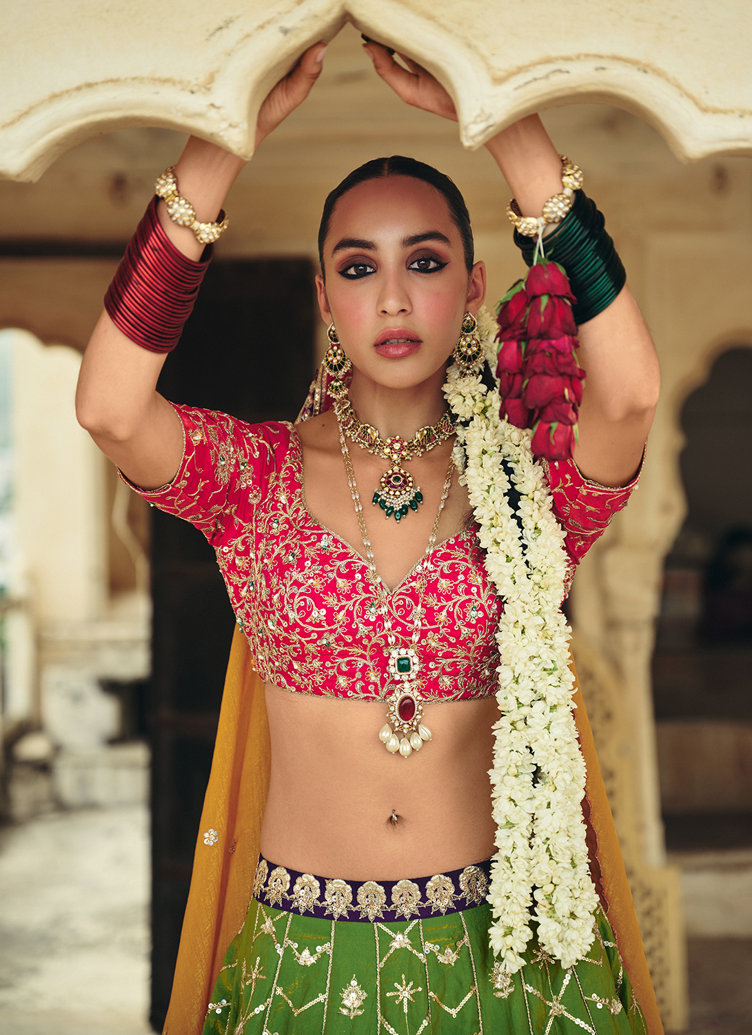 Pink and Green Embroidered Tissue Lehenga