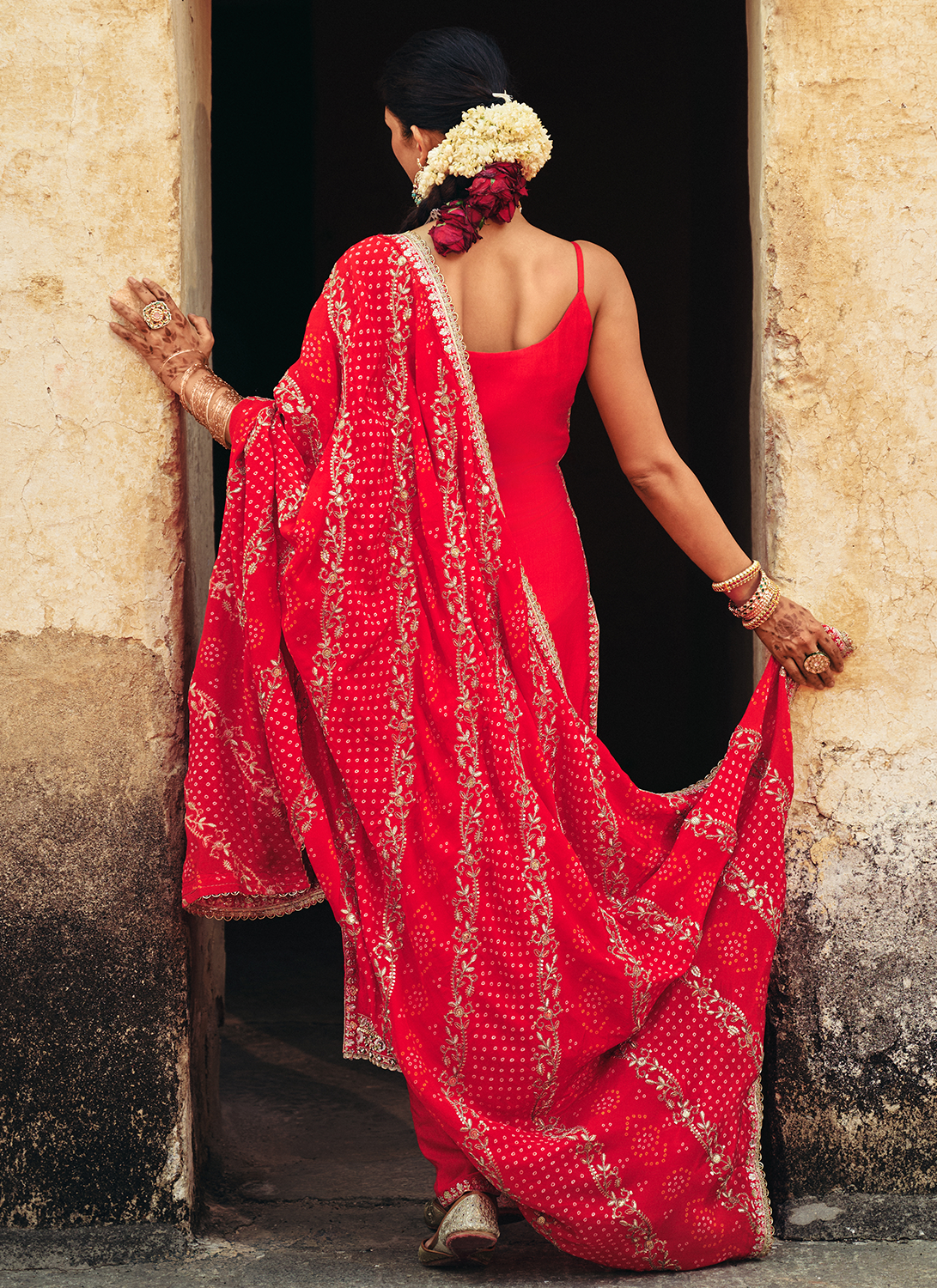 Red Embroidered Silk Pant Suit