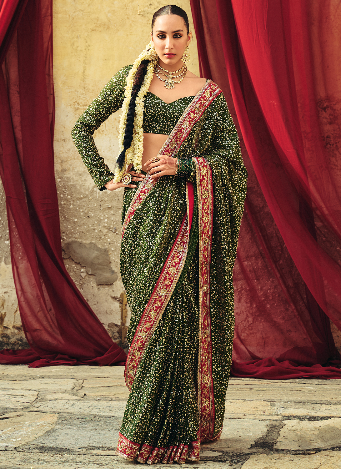 Green Embroidered Brocade Saree