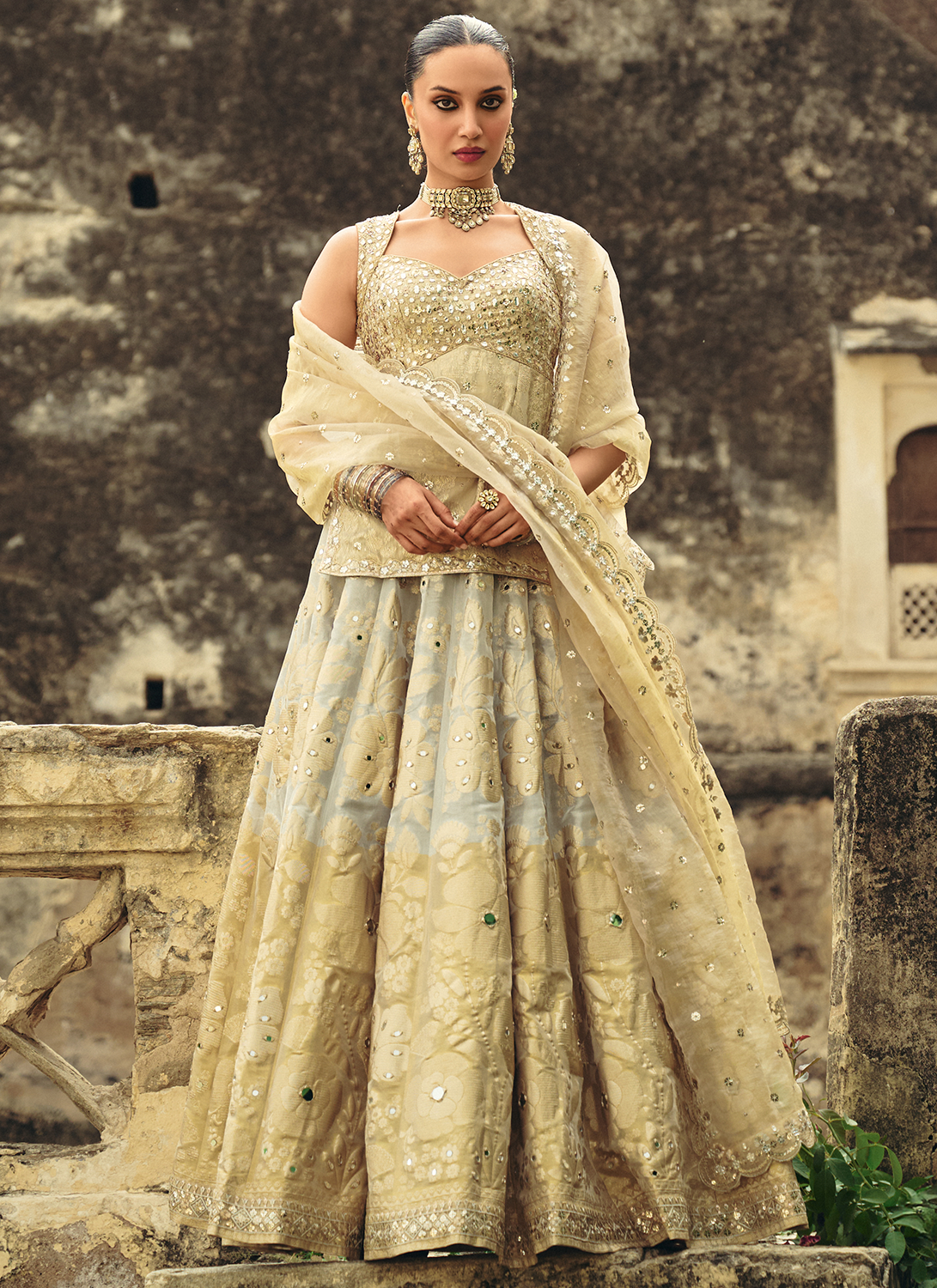 Gold Embroidered Brocade Tissue Lehenga