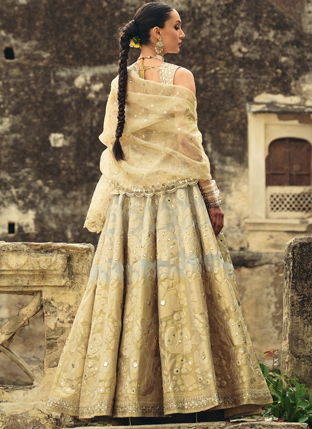 Gold Embroidered Brocade Tissue Lehenga