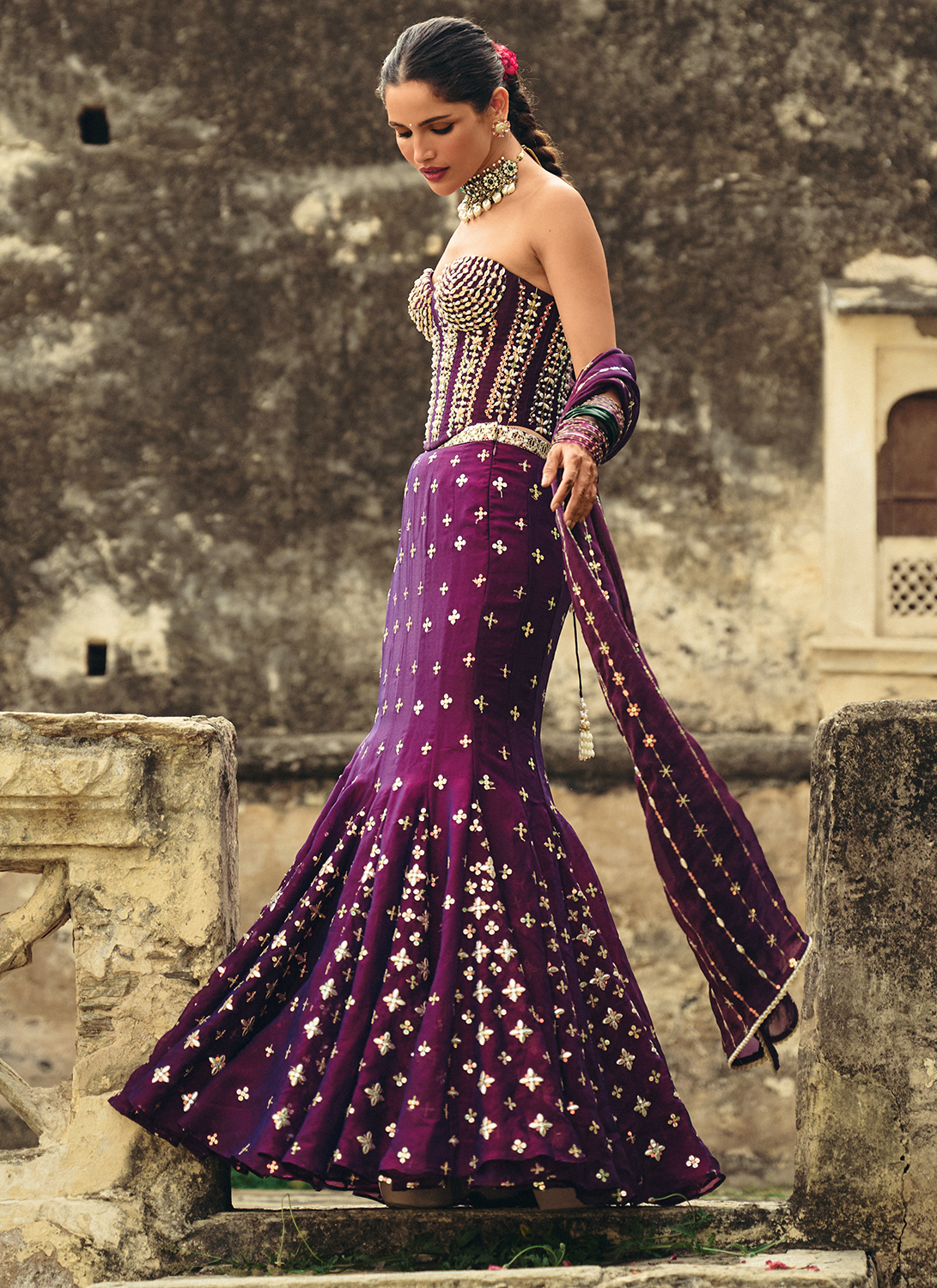 Purple Embroidered Georgette Corset Style Lehenga