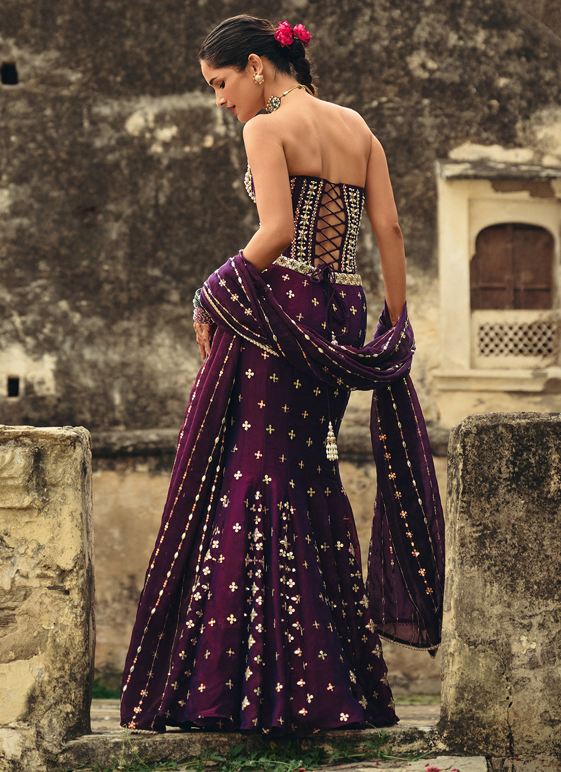 Purple Embroidered Georgette Corset Style Lehenga