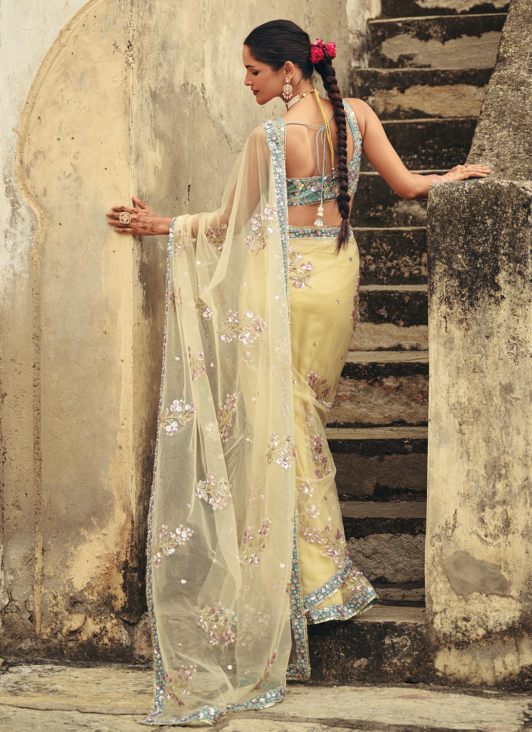Butter Yellow Embroidered Silk Saree
