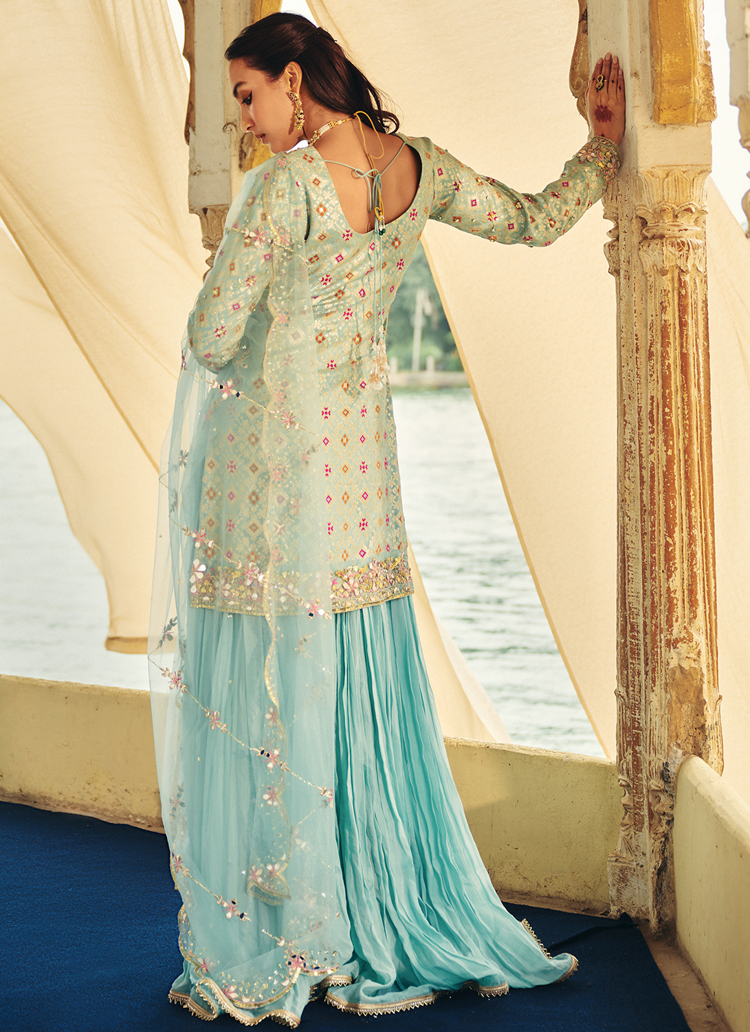 Mint Blue Embroidered Viscose Silk Sharara
