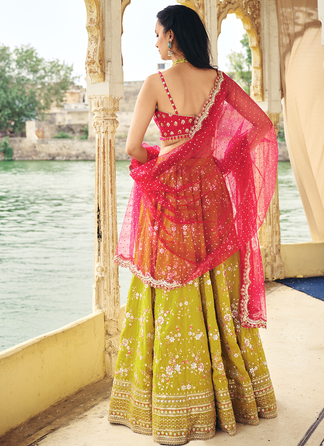 Olive Green and Hot Pink Embroidered Silk Lehenga