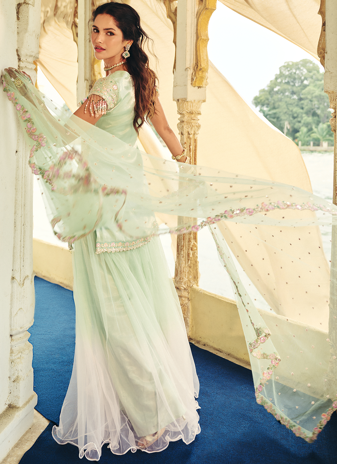 Mint Green Embroidered Organza Sharara