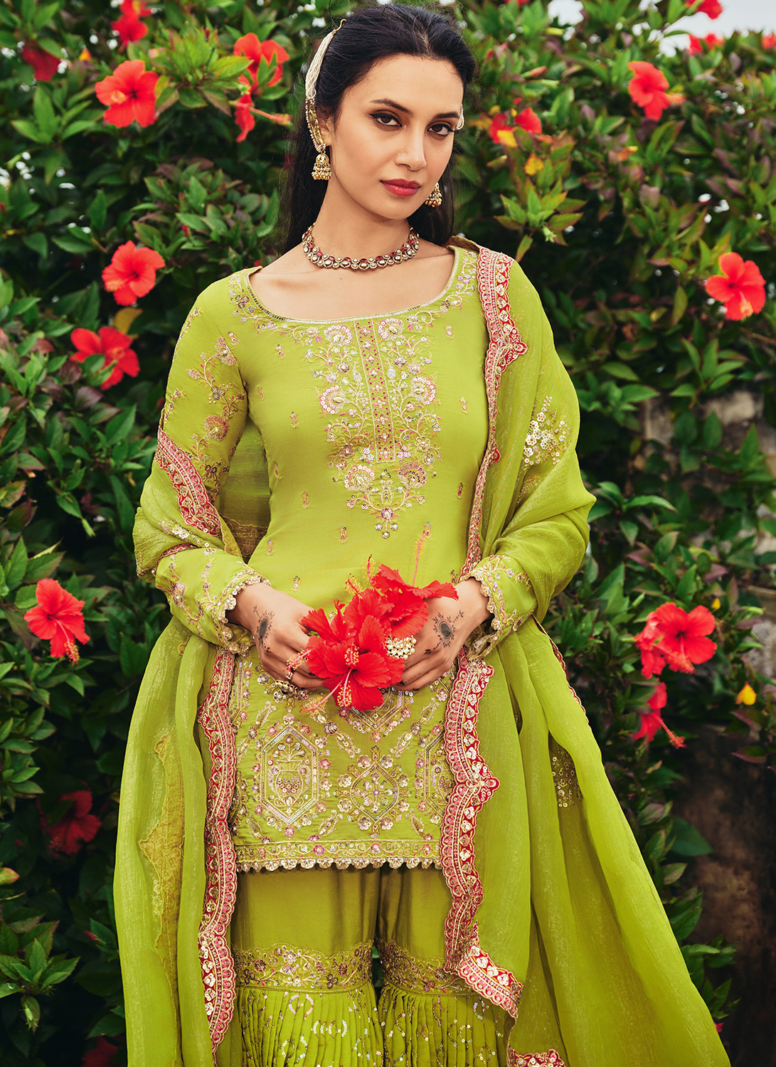 Lime Green Embroidered Silk Gharara