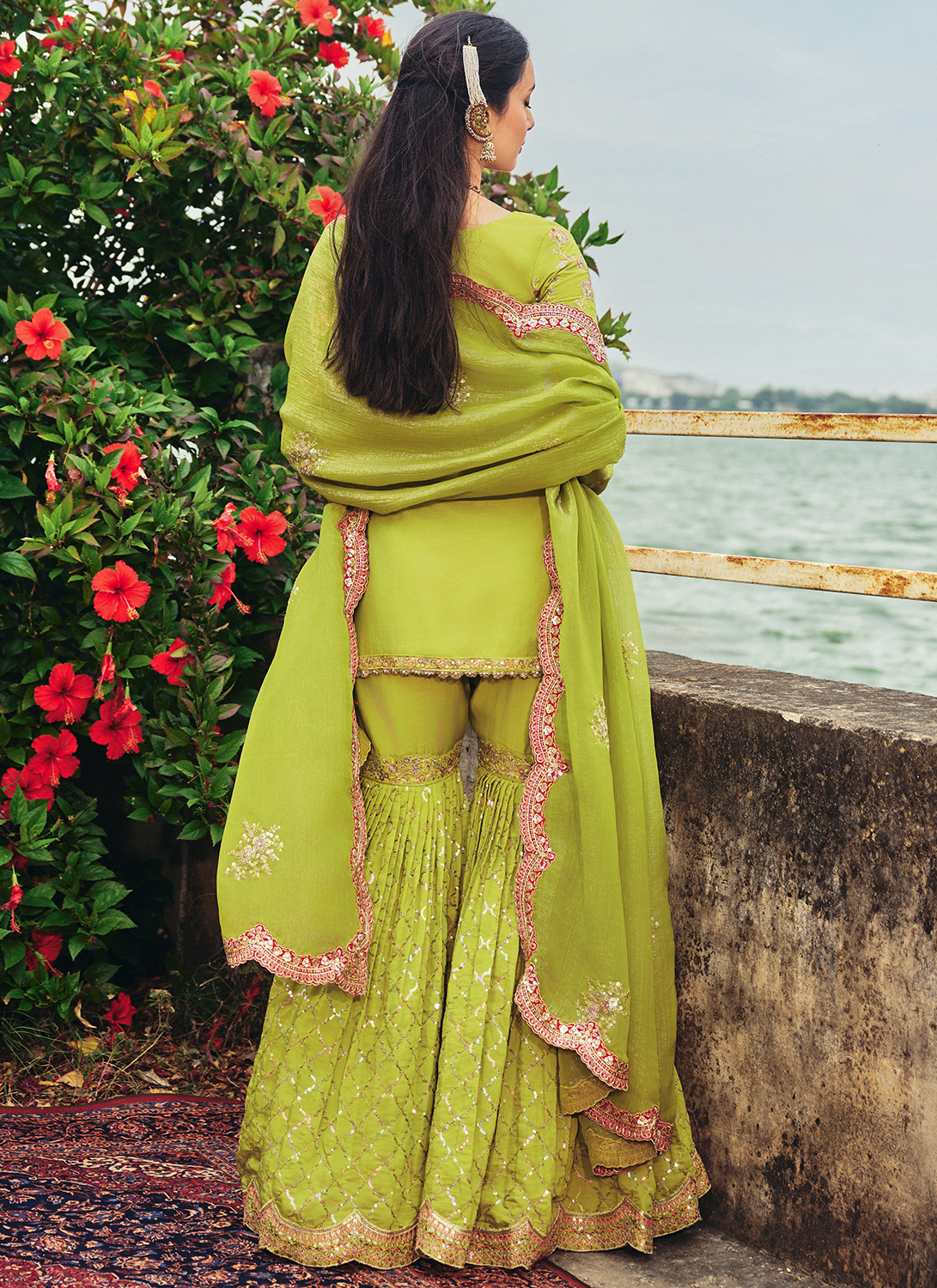 Lime Green Embroidered Silk Gharara