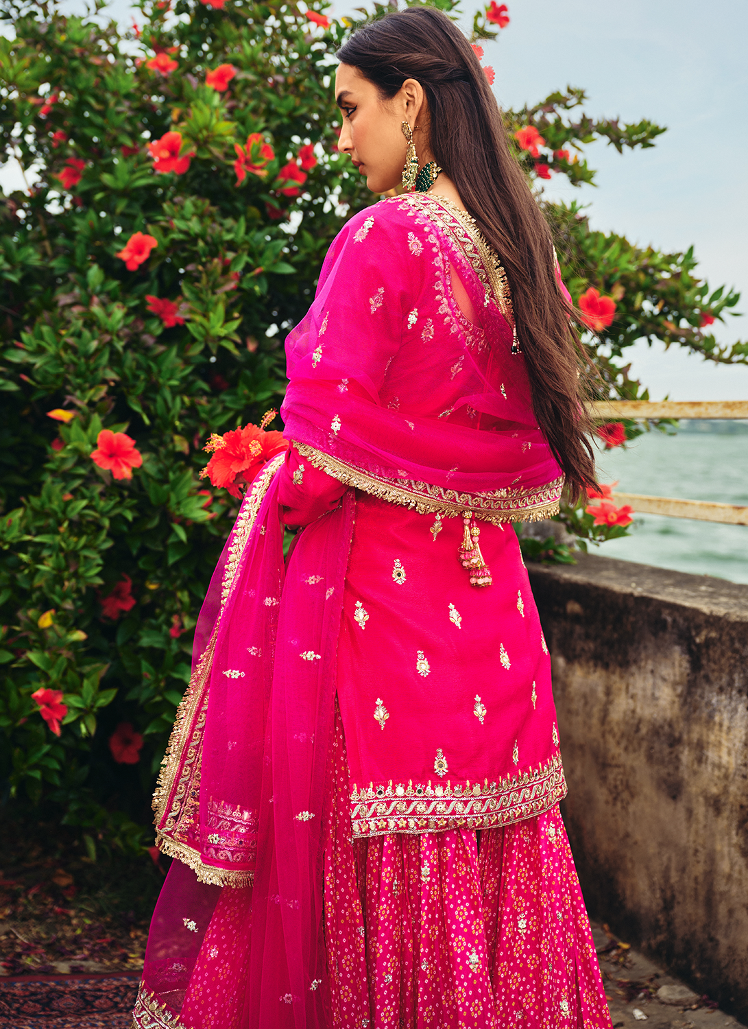 Pink Embroidered Bandhani Sharara