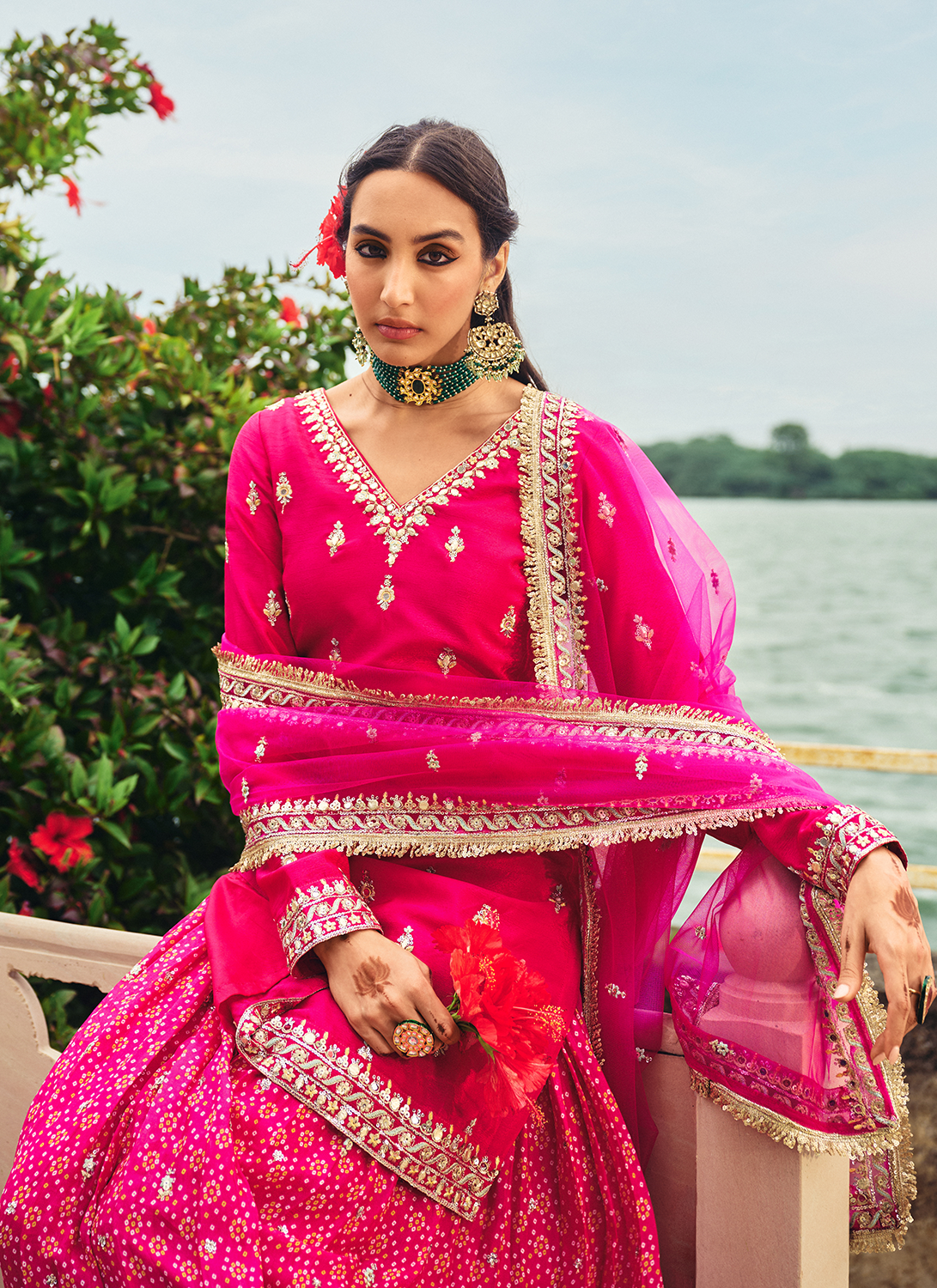 Pink Embroidered Bandhani Sharara