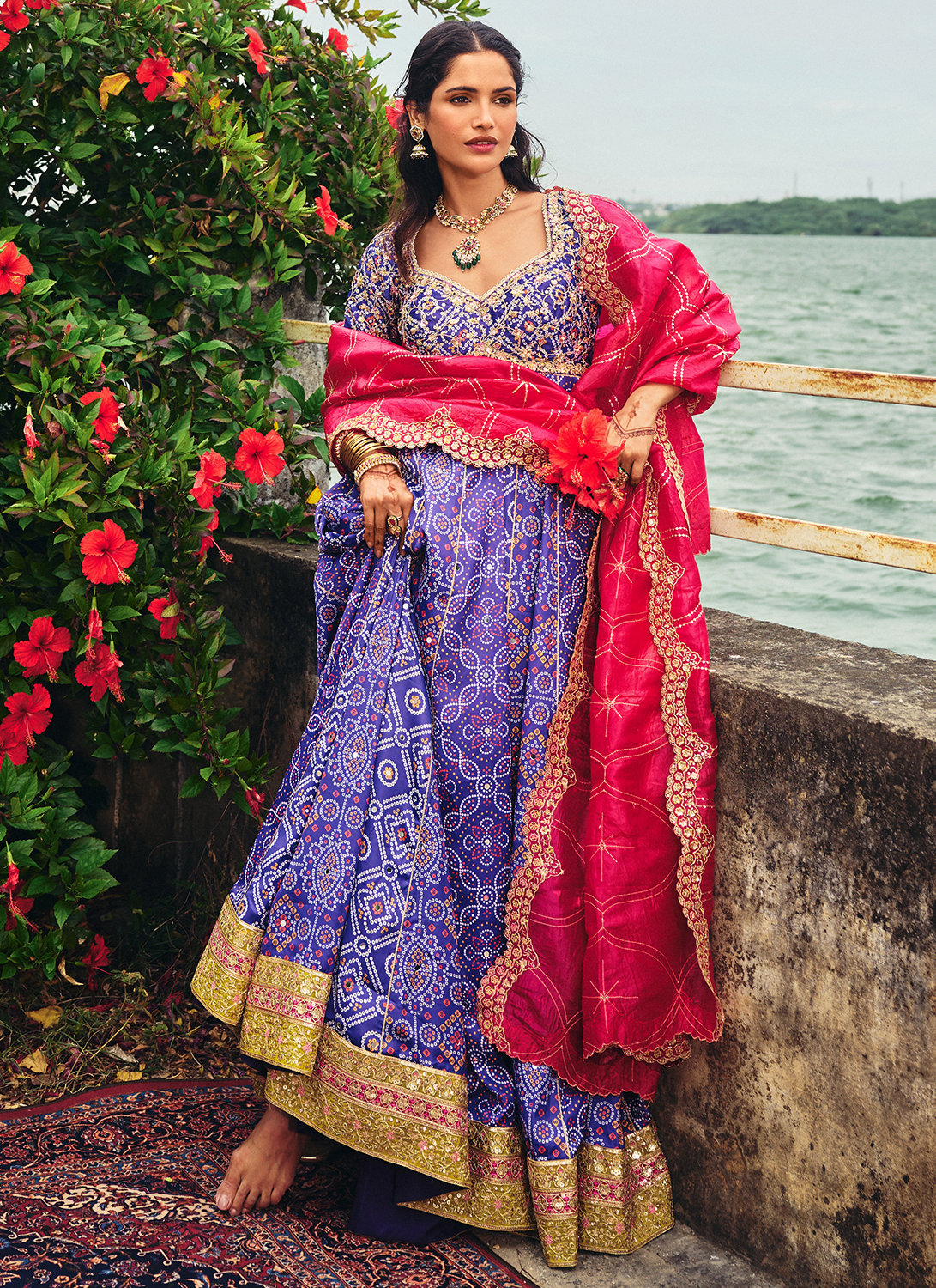 Blue Multicolor Embroidered Bandhani Anarkali