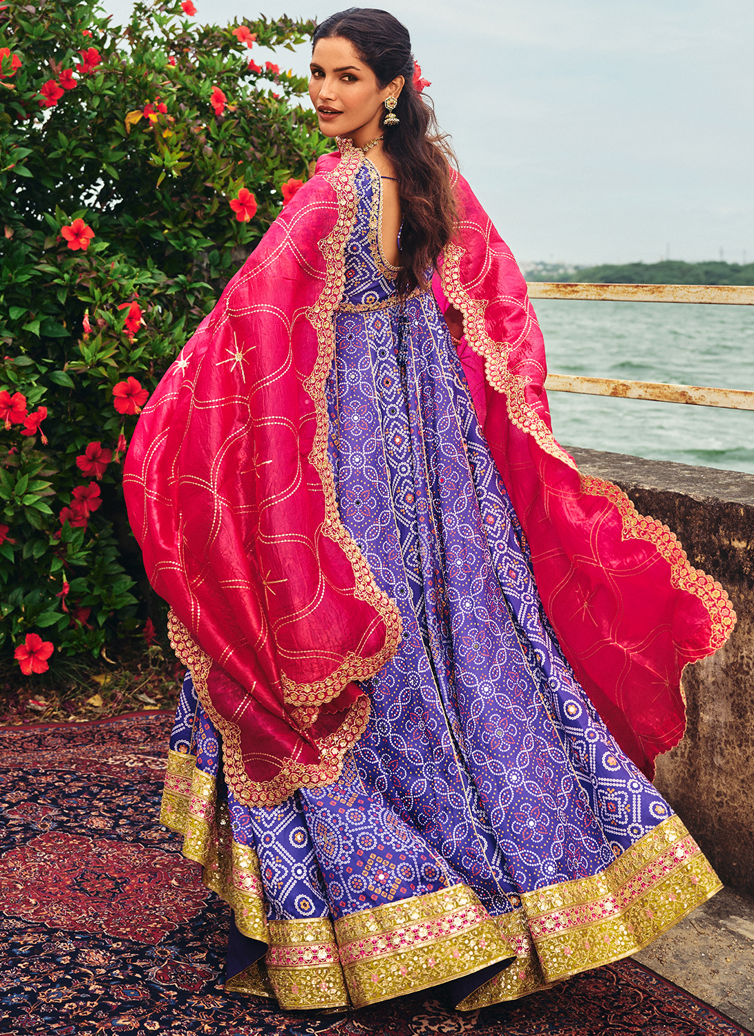 Blue Multicolor Embroidered Bandhani Anarkali