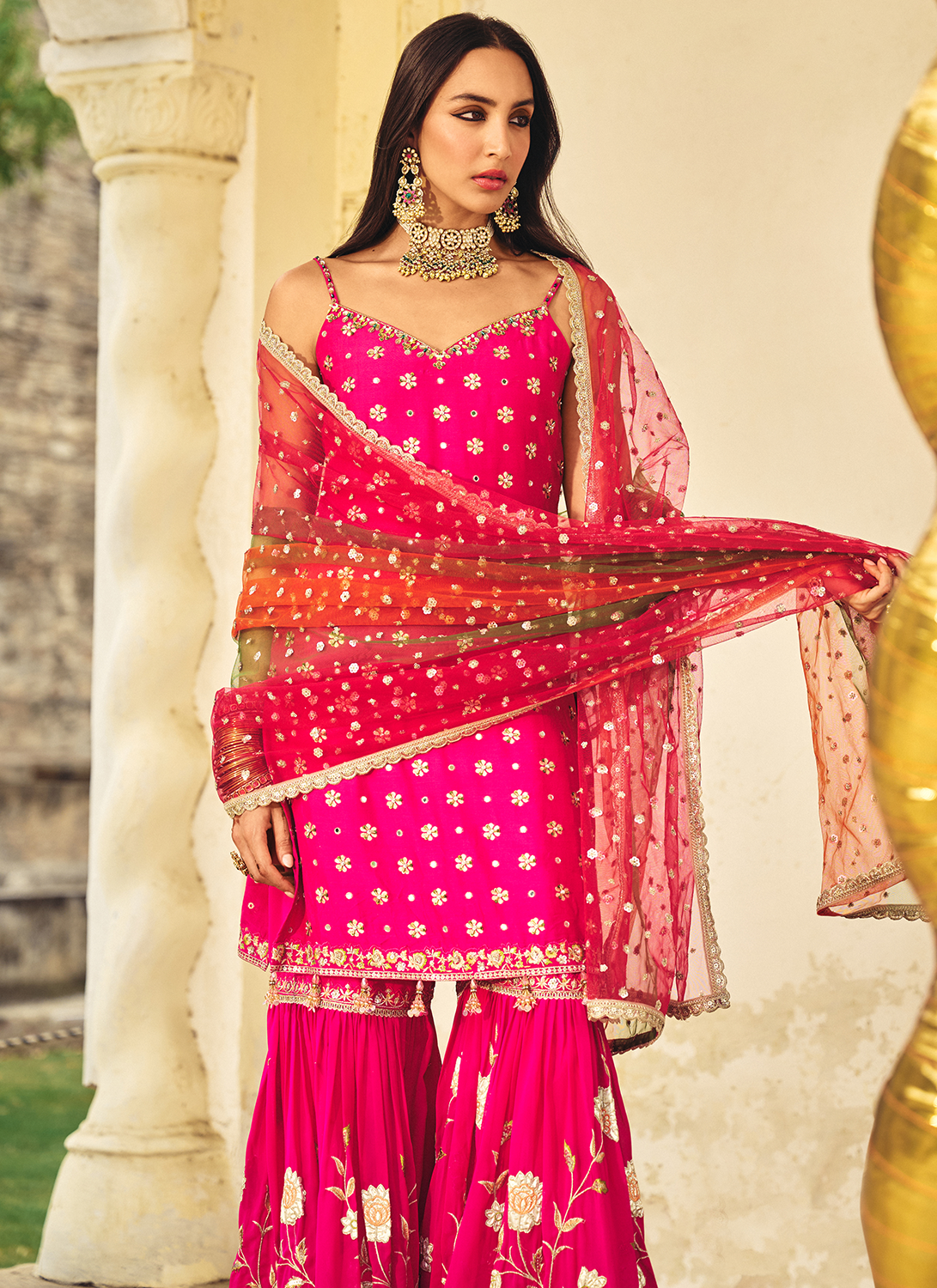 Pink Embroidered Brocade Gharara