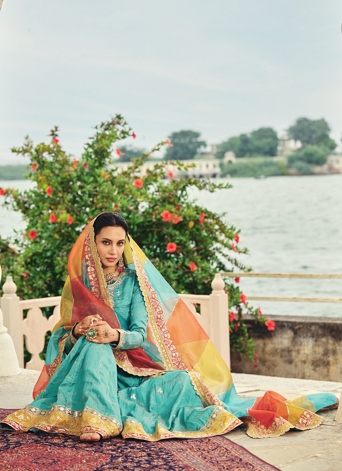 Turquoise Embroidered Silk Sharara
