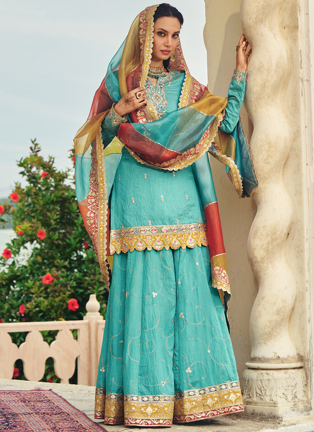 Turquoise Embroidered Silk Sharara
