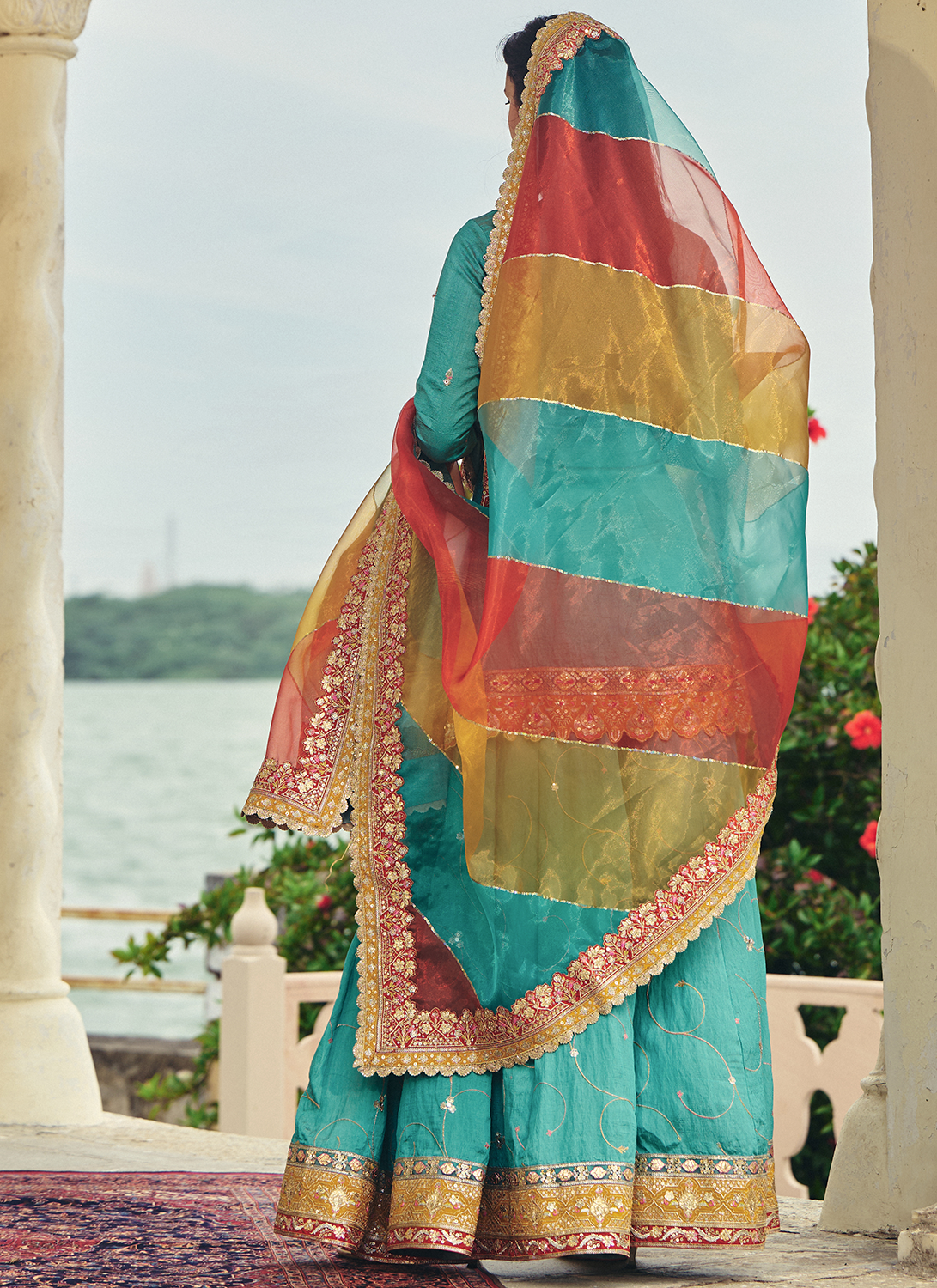 Turquoise Embroidered Silk Sharara