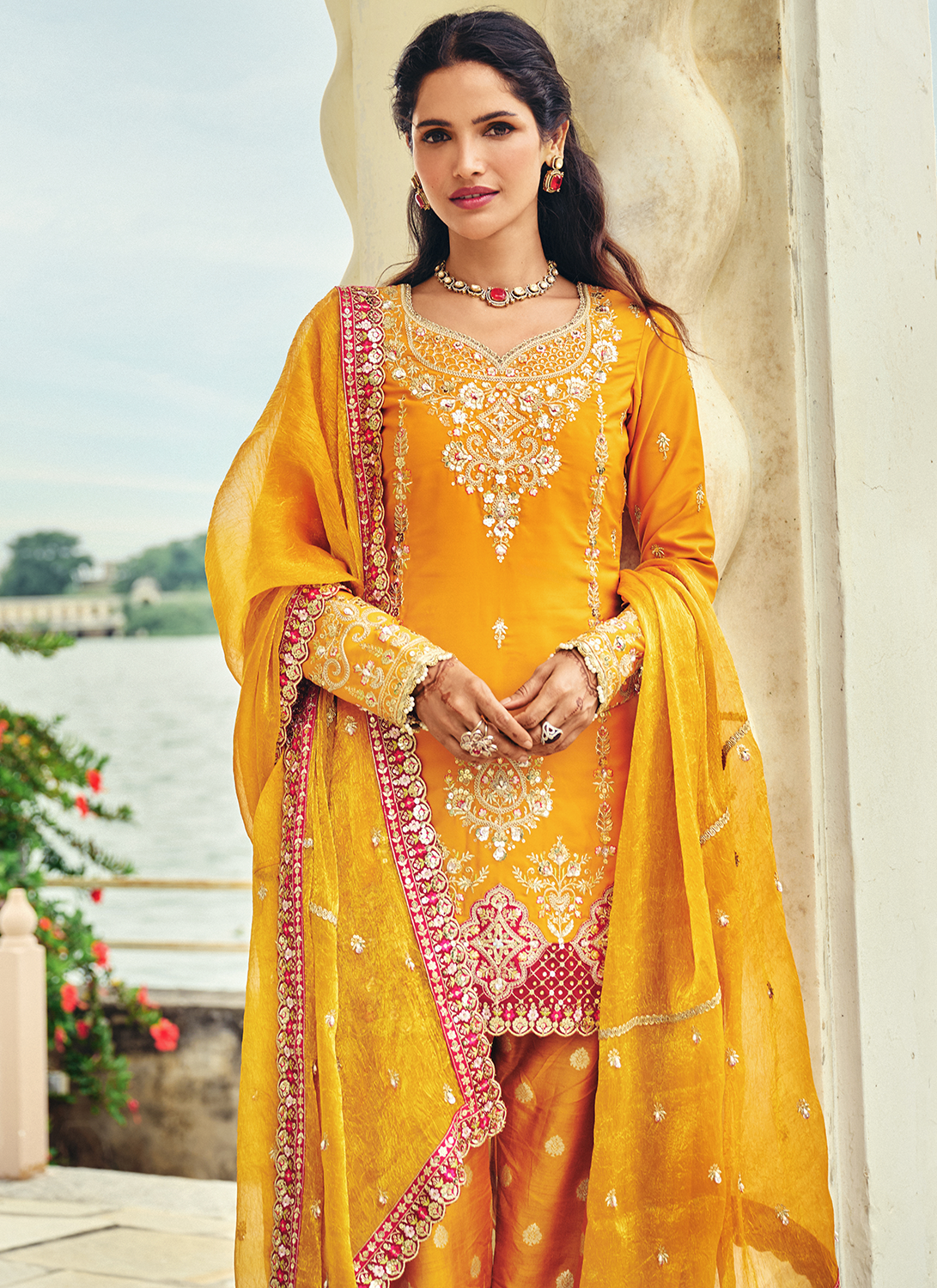 Orange Embroidered Crepe Punjabi Suit