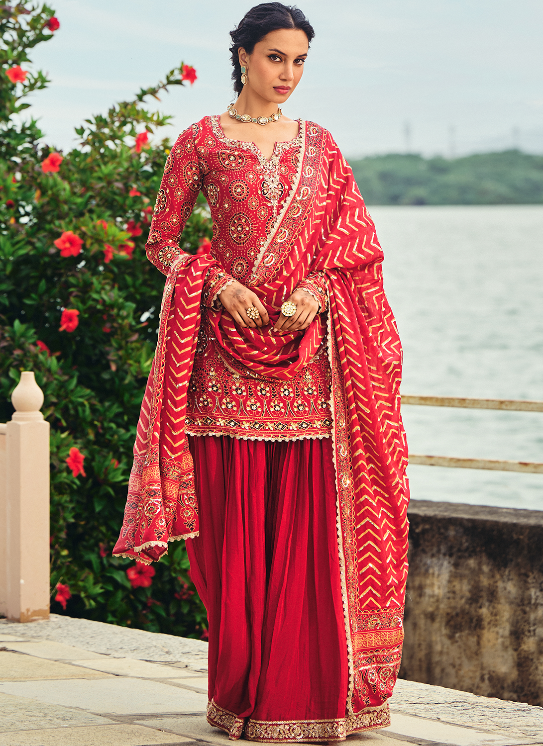 Red Embroidered Ajrakh Print Gharara