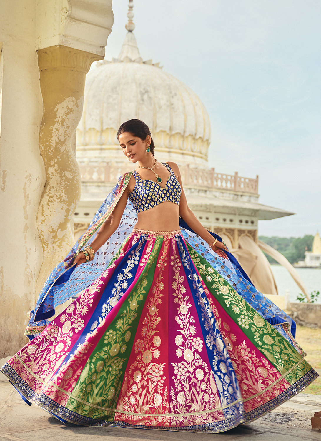 Blue Multicolor Embroidered Silk Lehenga