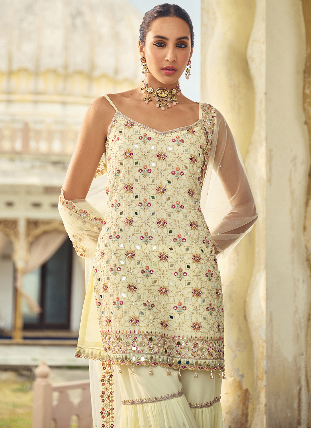 Ivory Embroidered Georgette Gharara