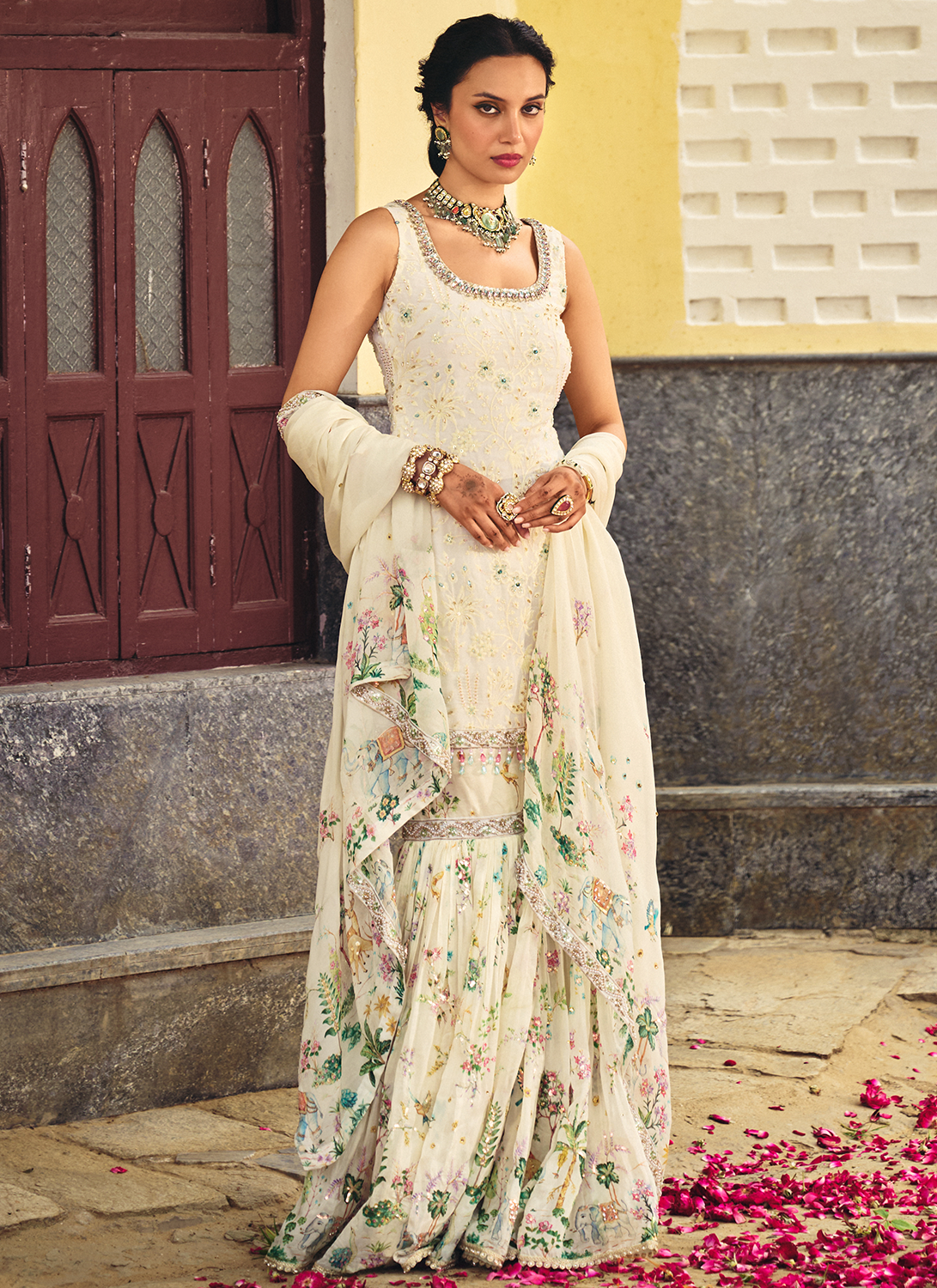 Ivory Embroidered Tissue Silk Gharara