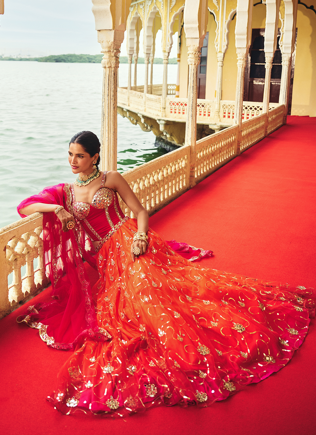 Orange and Pink Embroidered Corset Style Crepe Lehenga