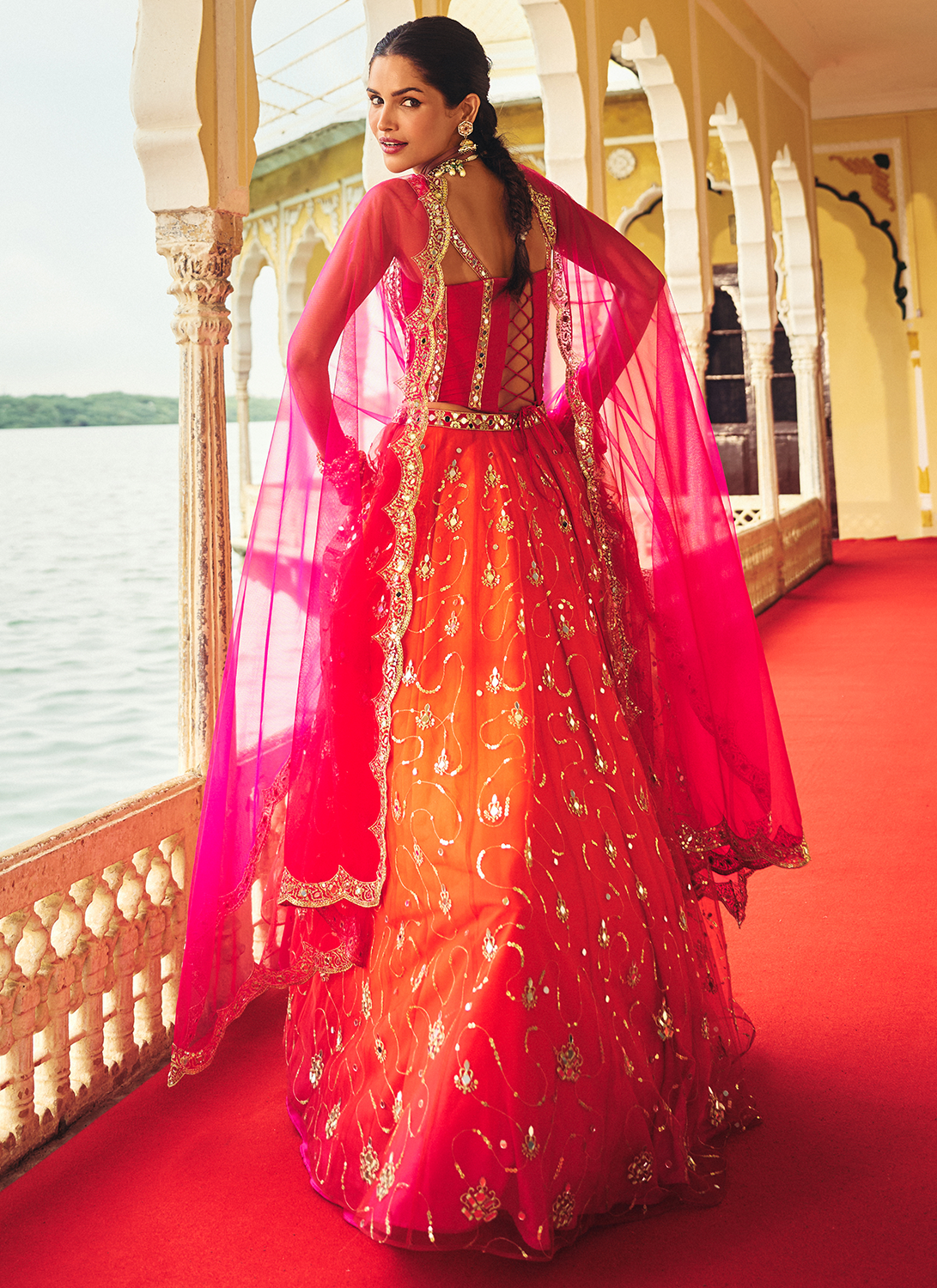 Orange and Pink Embroidered Corset Style Crepe Lehenga