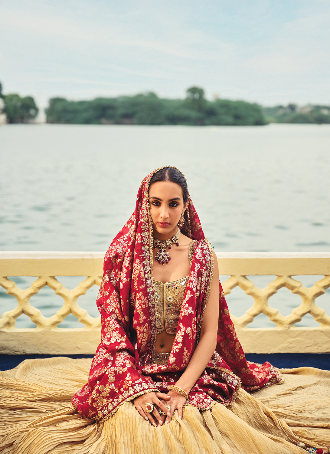 Gold and Maroon Embroidered Chinon Lehenga