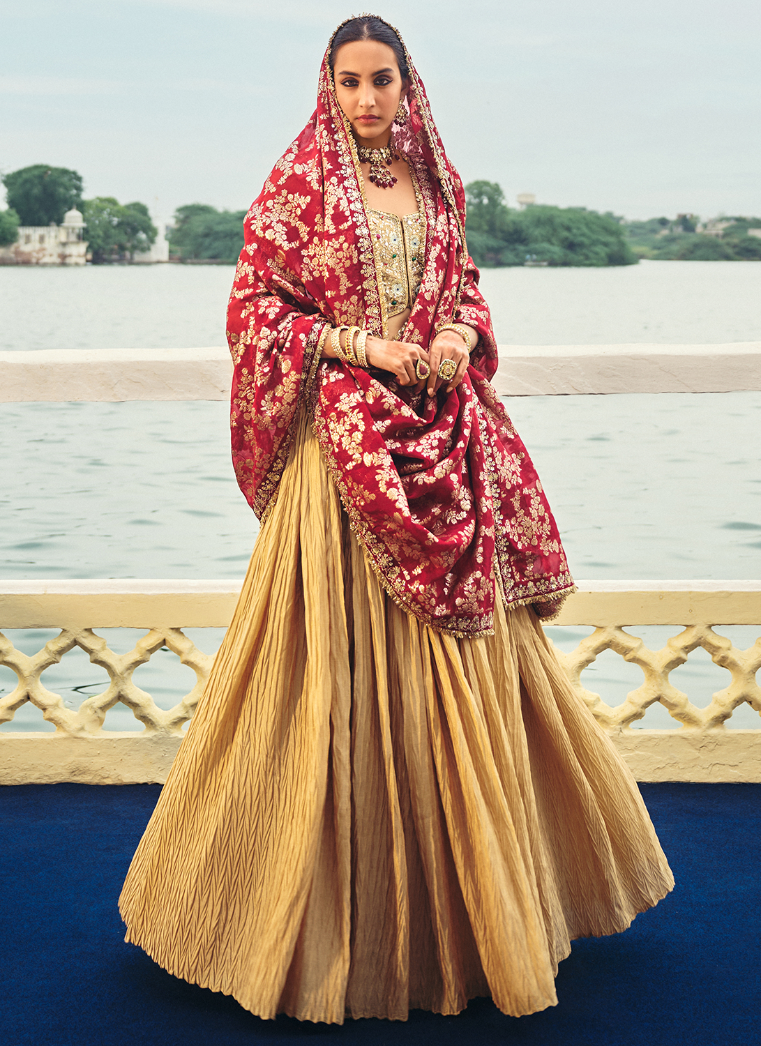 Gold and Maroon Embroidered Chinon Lehenga