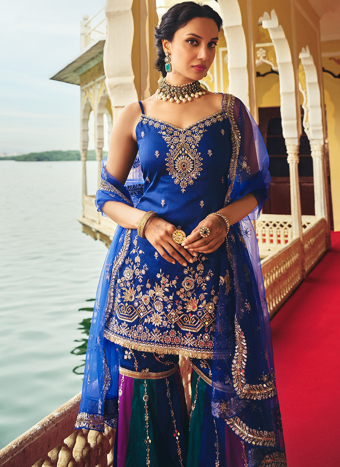 Blue Multicolor Embroidered Silk Gharara