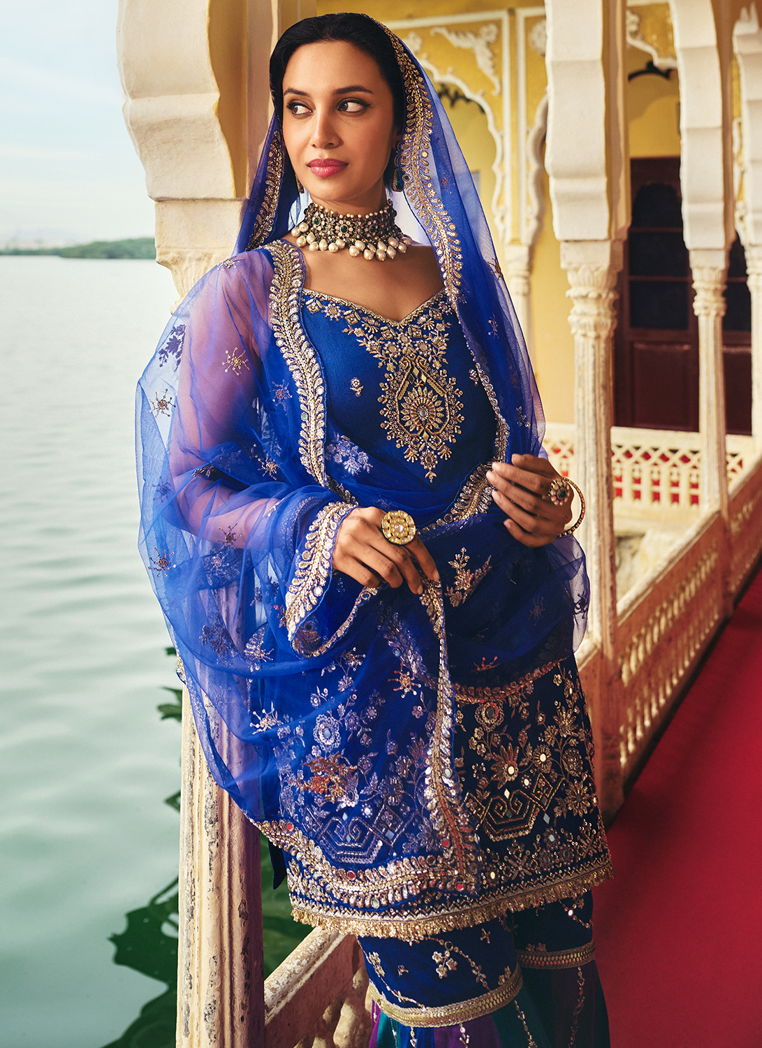 Blue Multicolor Embroidered Silk Gharara