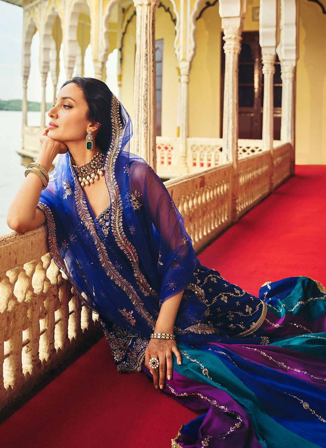 Blue Multicolor Embroidered Silk Gharara