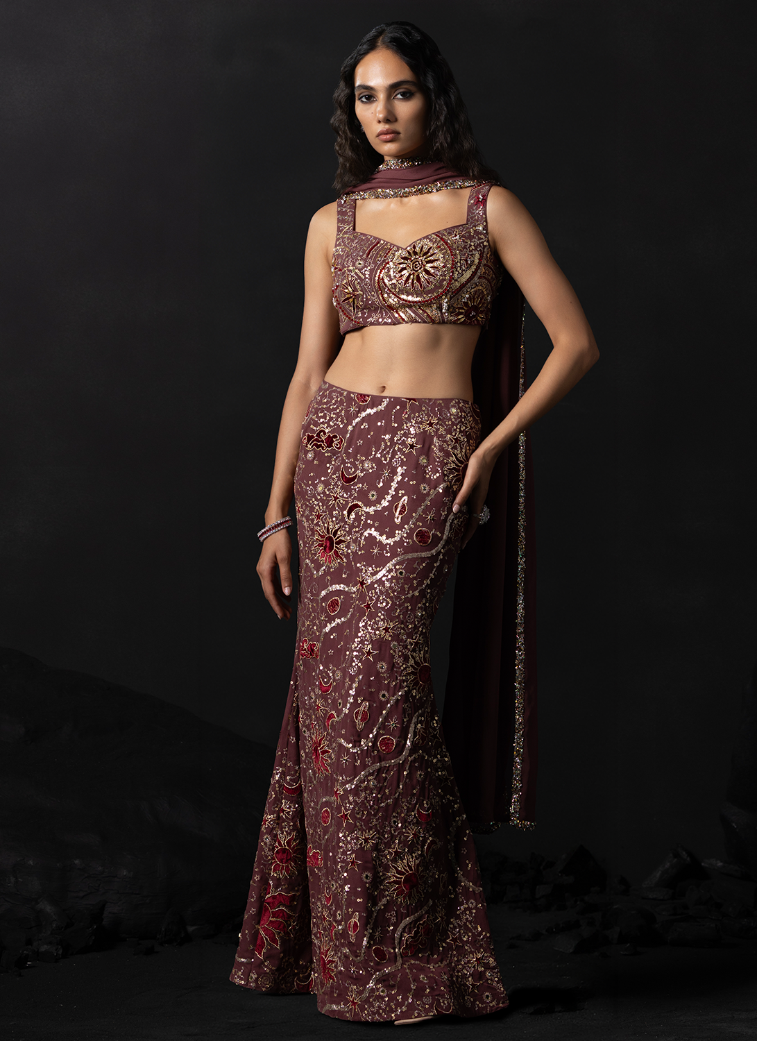 Deep Mauve Embroidered Georgette Lehenga