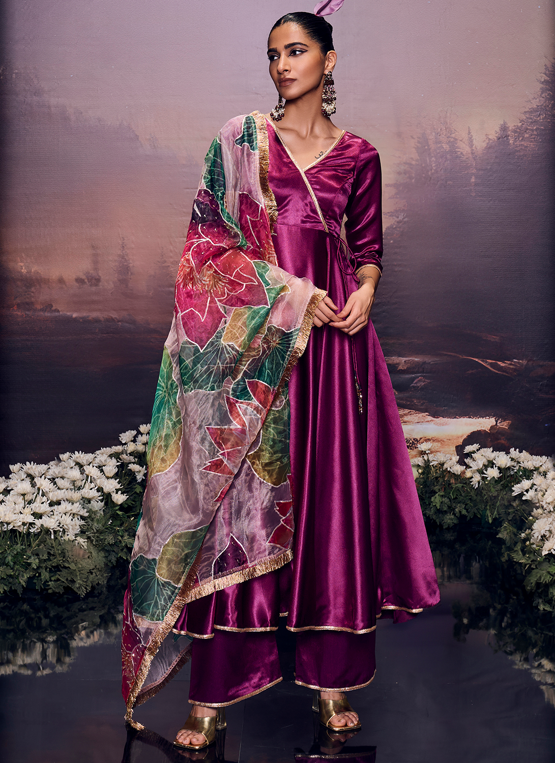 Deep Magenta Embroidered Anarkali Style Palazzo Suit – Lashkaraa