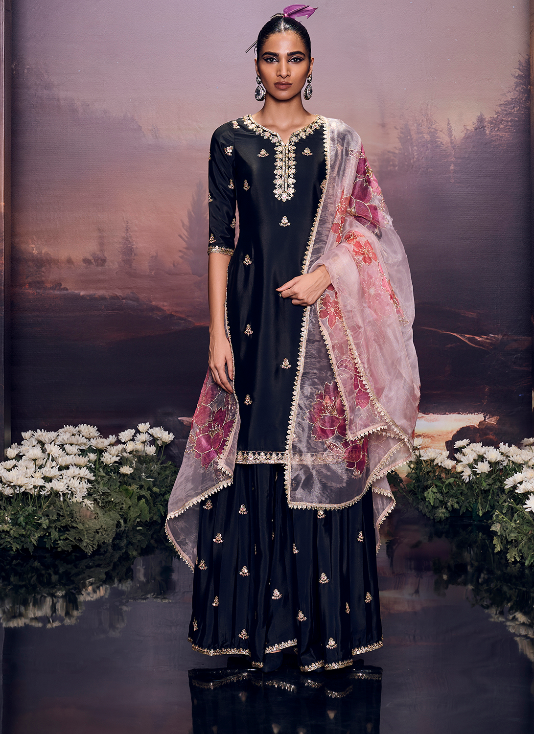 Lashkaraa Black Embroidered Sharara Suit