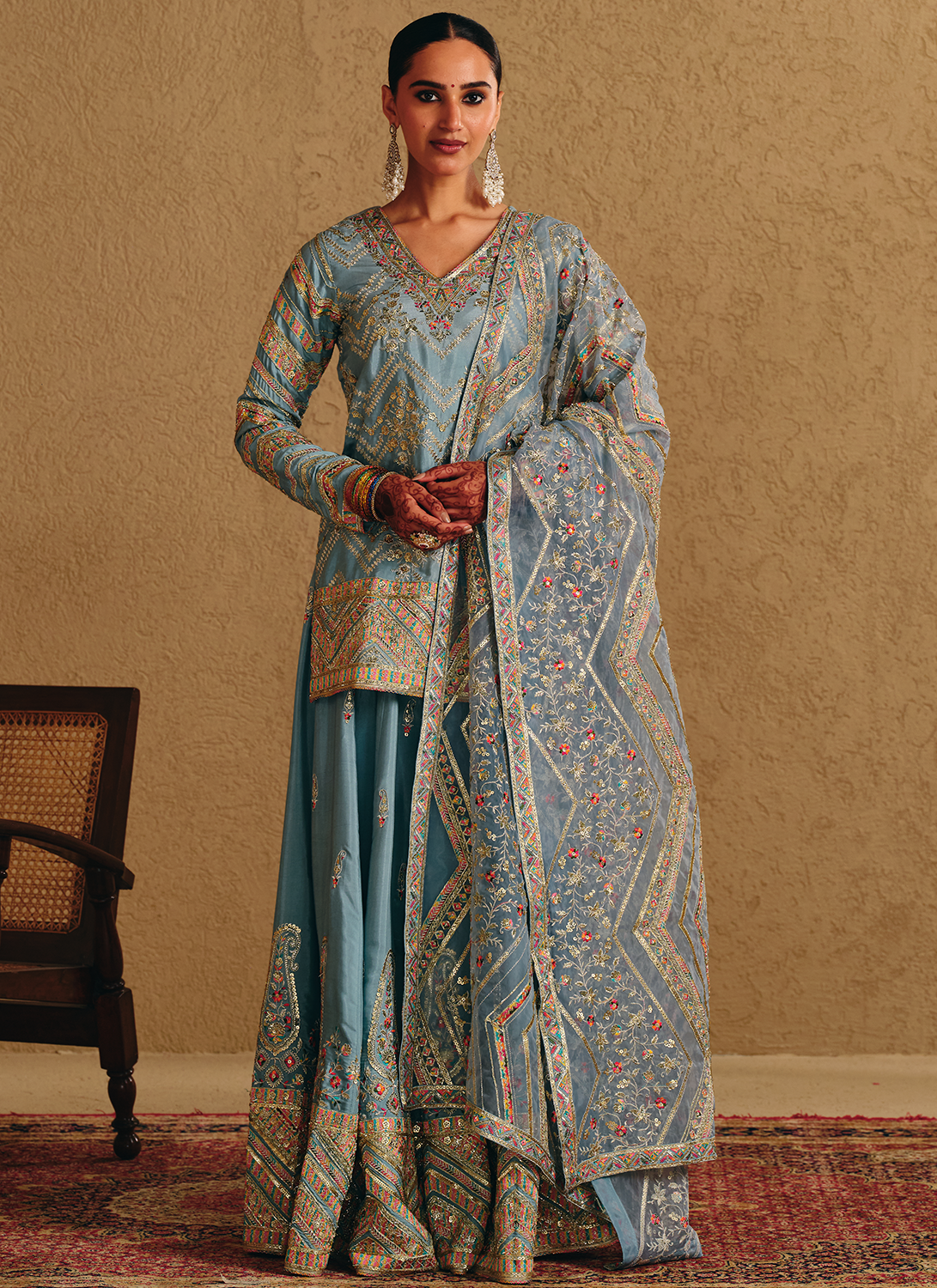 Dusty Blue Embroidered Viscose Silk Sharara