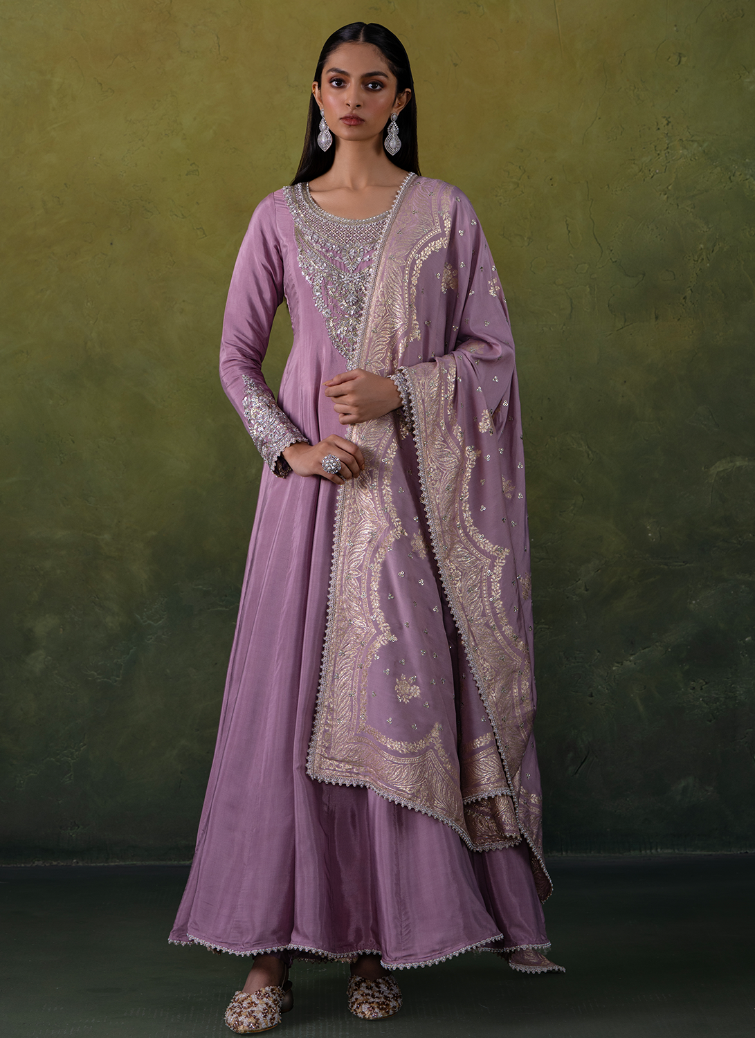 Dusty Lilac Embroidered Viscose Silk Anarkali