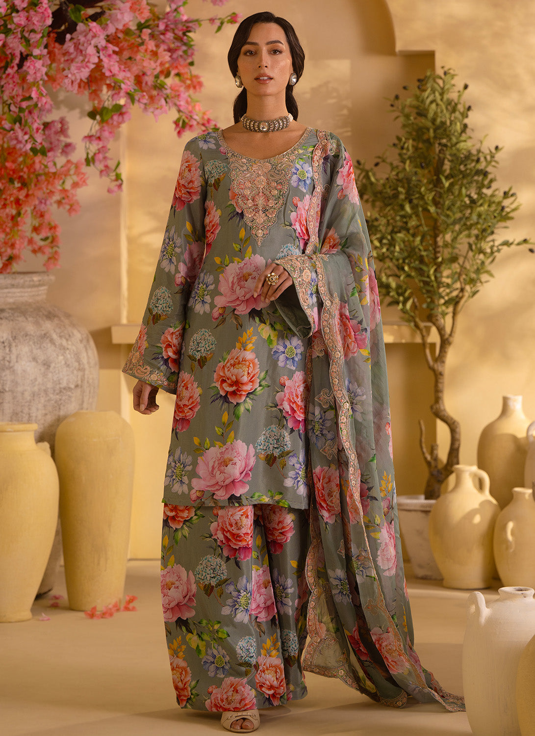 Dusty Mint Floral Embroidered Satin Georgette Palazzo Suit