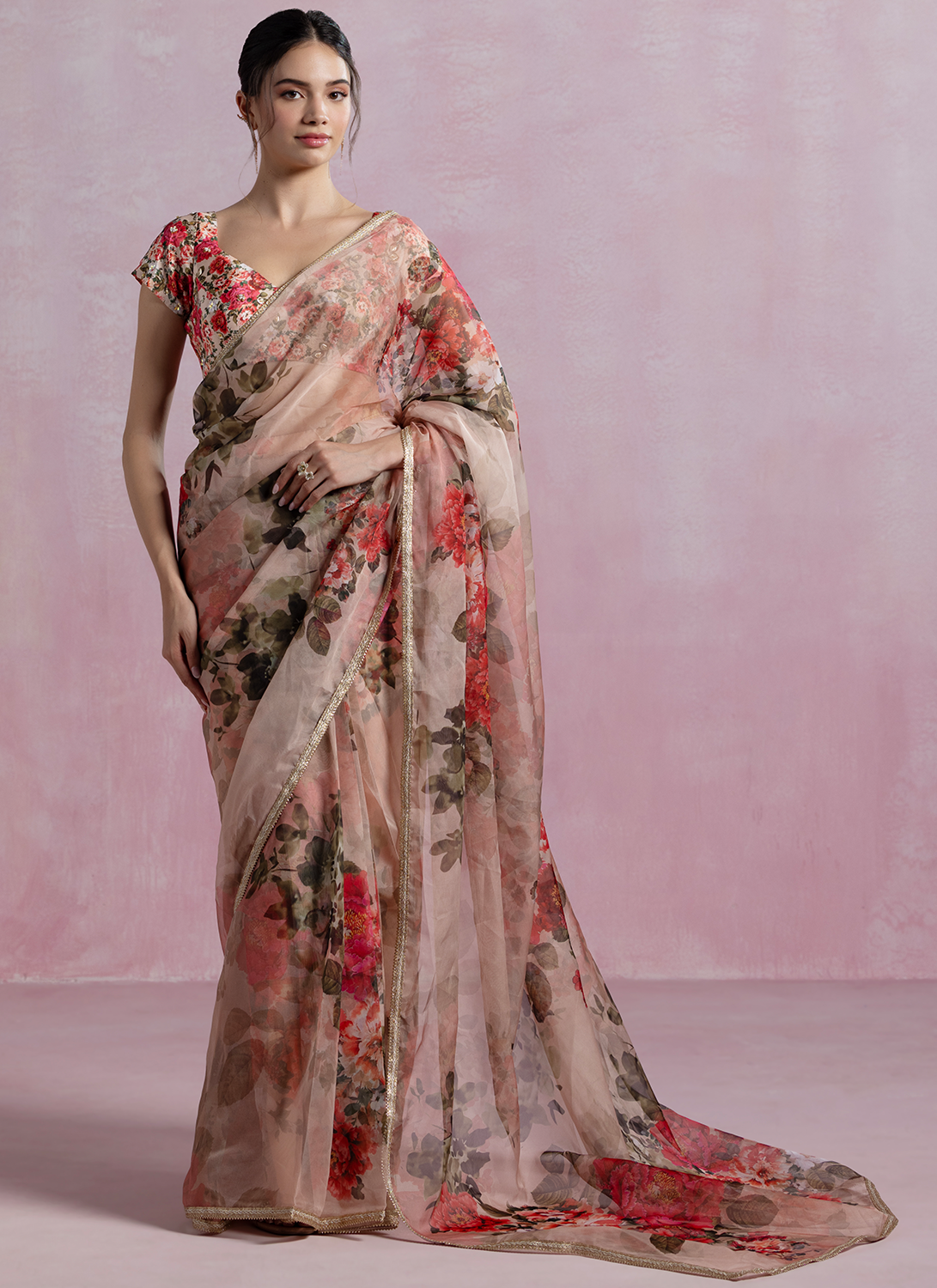 Dusty Peach Floral Printed Organza Saree