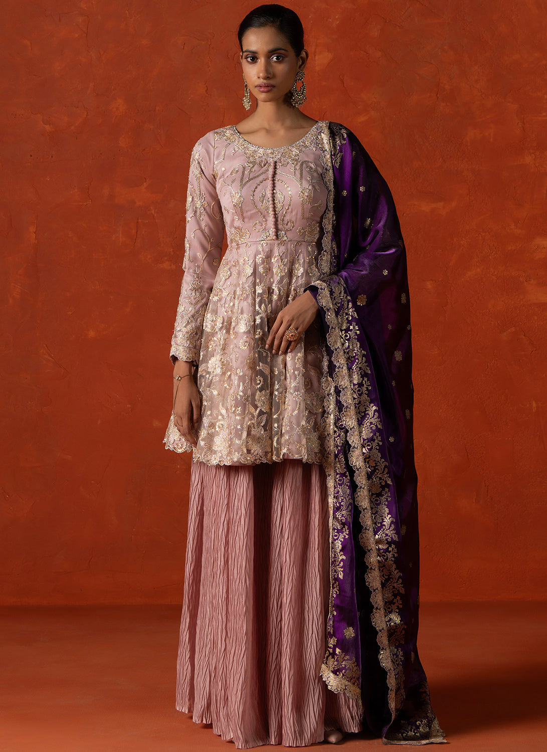 Dusty Pink and Purple Embroidered Sharara Suit