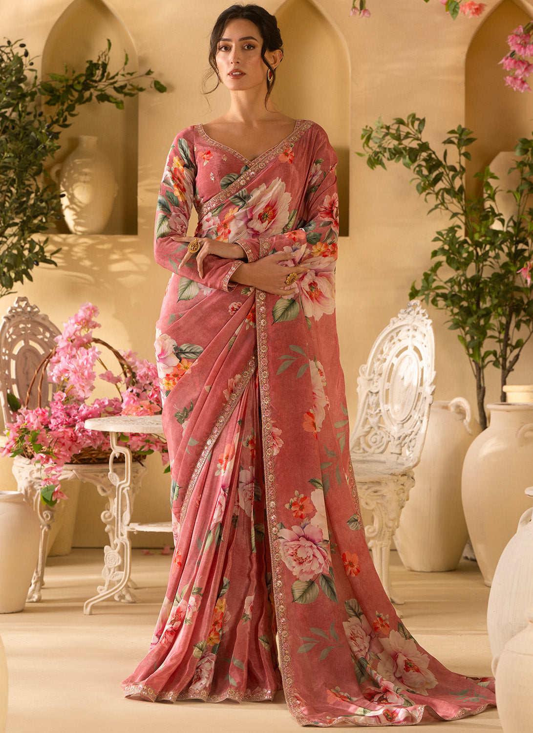 Dusty Rose Floral Embroidered Crepe Silk Saree