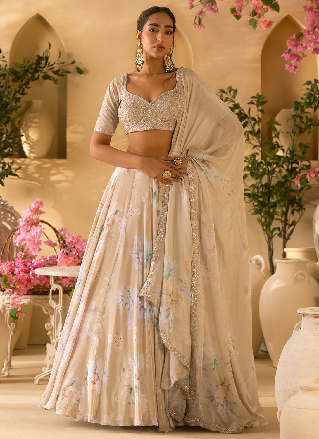 Dusty Sage Green Floral Embroidered Crepe Silk Lehenga