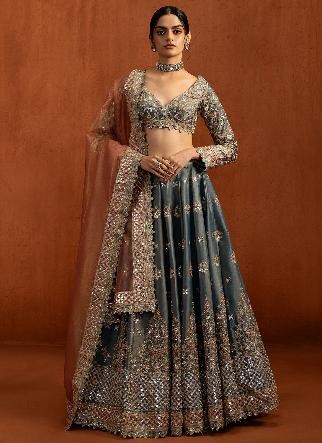Dusty Teal Embroidered Silk Lehenga